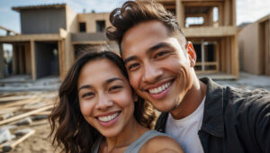 A smiling couple takes a selfie in front of a house under construction, with wooden framing and building materials visible in the background on a sunny day.