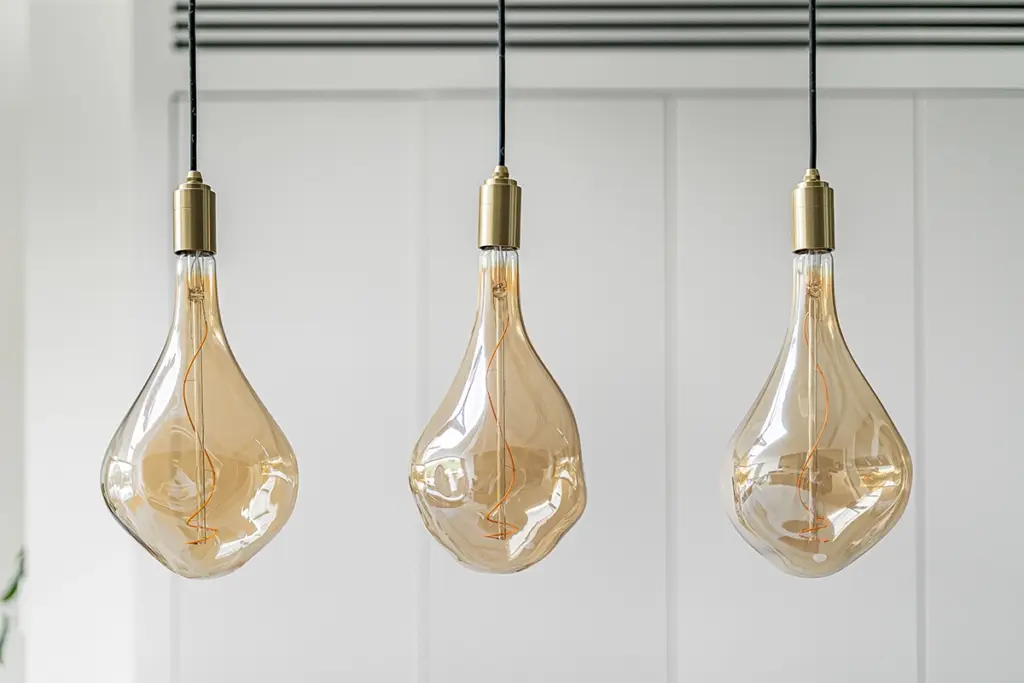 Three teardrop-shaped, amber-tinted pendant lights with visible filaments hanging from brass fittings against a white panelled wall.